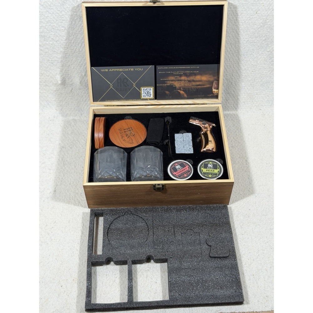 FKR Baiky Whiskey Smoker Kit Gift Set Torch Glasses Stones Box Bourbon Bar